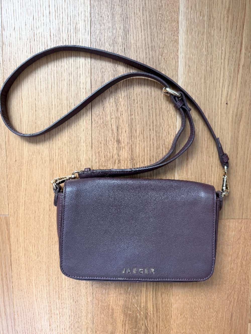 Jaeger Leather Crossbody Bag in Dark Burgundy with Gold Logo Hardware